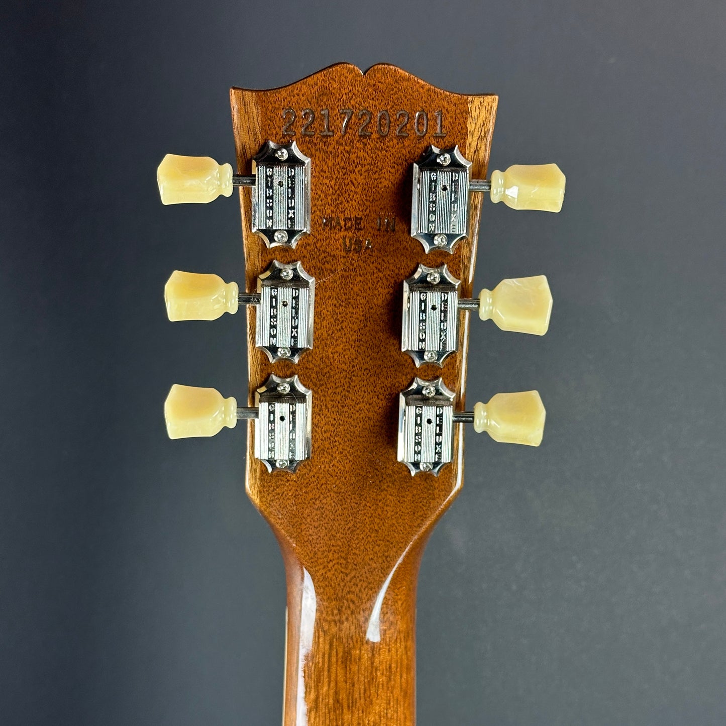 Back of headstock of Used Gibson Les Paul Standard 50s Gold Top.