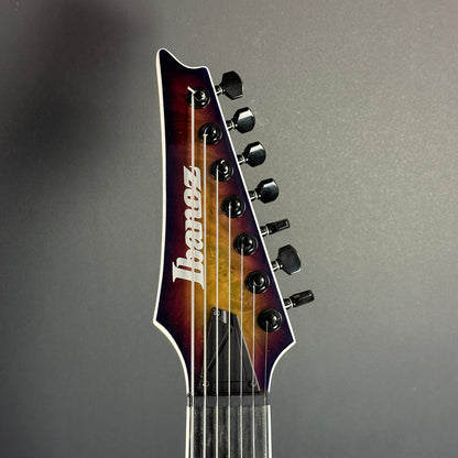 Front of headstock of Used Ibanez RGIX7FDLB-NLB Norther Lights Iron Label.