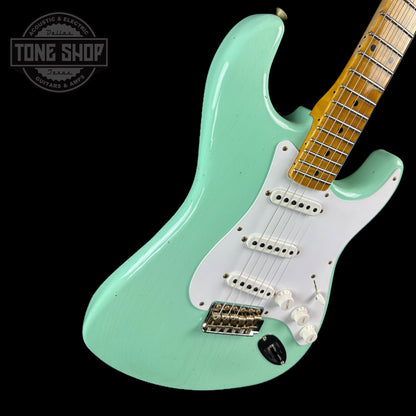 Front angle of Fender Custom Shop LTD 70th Anniversary 1954 Stratocaster Surf Green.