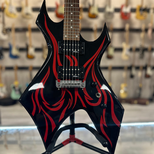 Front of Used 2000 BC Rich KKW Warlock Gloss Black / Red Flames TSS4298