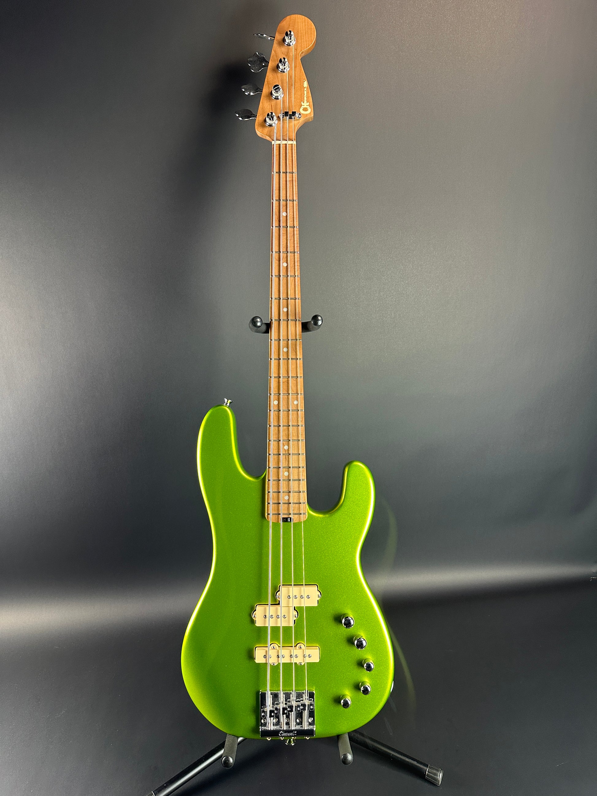 Full front of Used Charvel San Dimas Bass PJ IV Green.