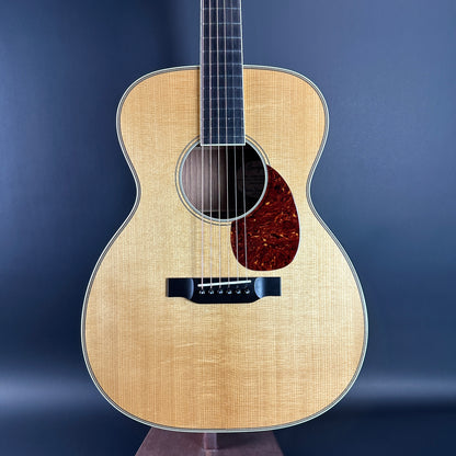 Front of Used Bourgeois Panama Red OM Large Soundhole Aged Adirondack.