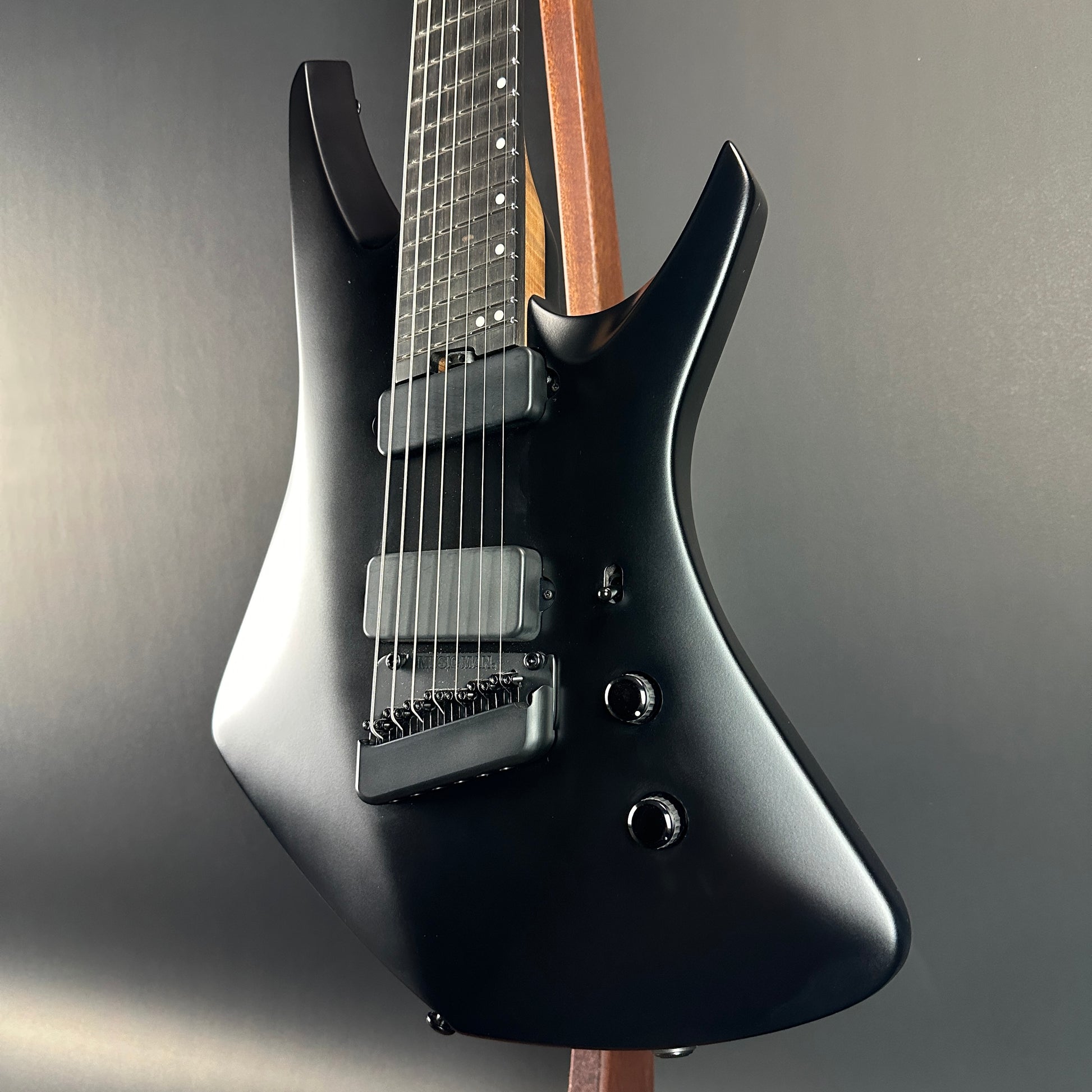 Front angle of Used Ernie Ball Music Man Kaizen 7 Apollo Black.