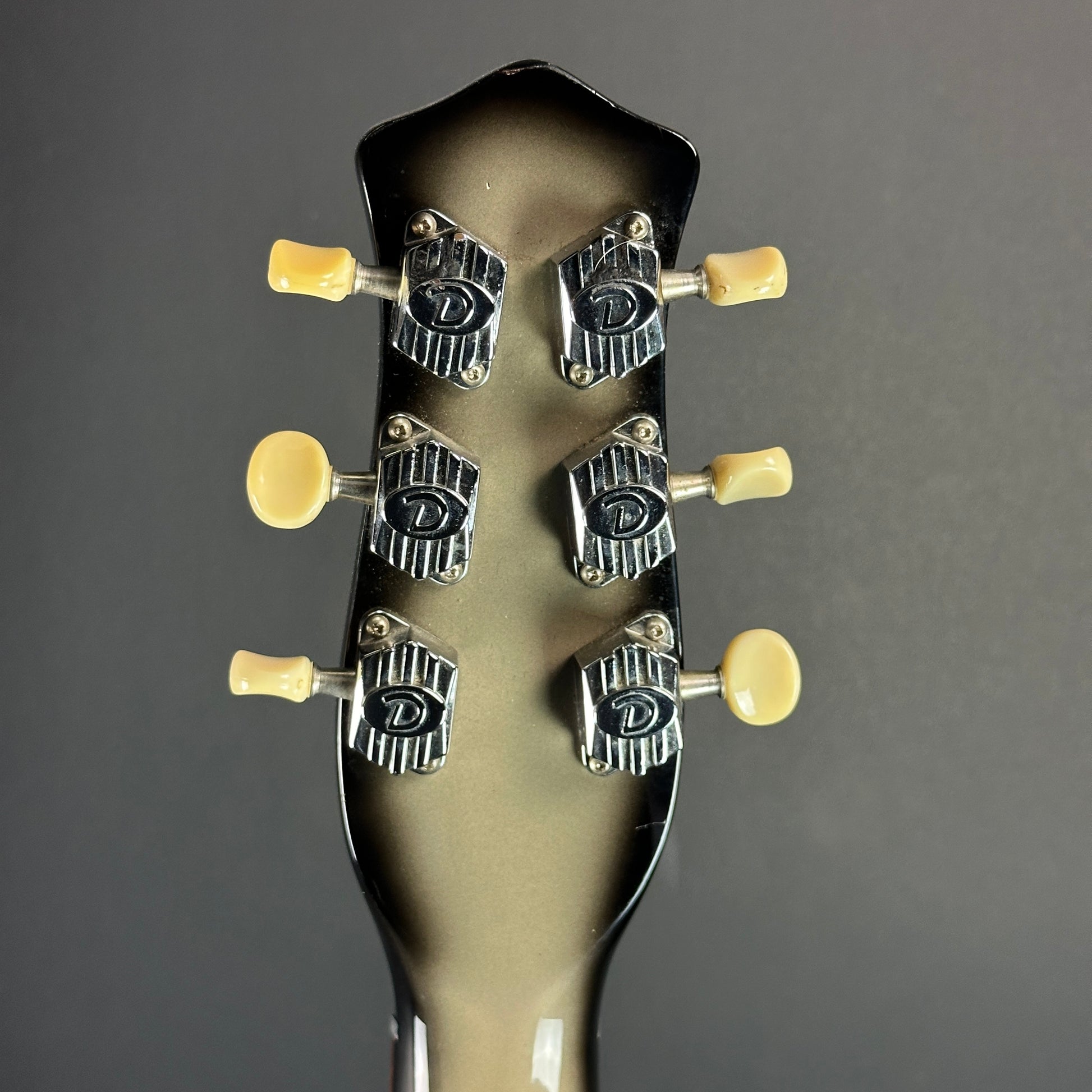 Back of headstock of Used Danelectro '59 DC Blackburst.