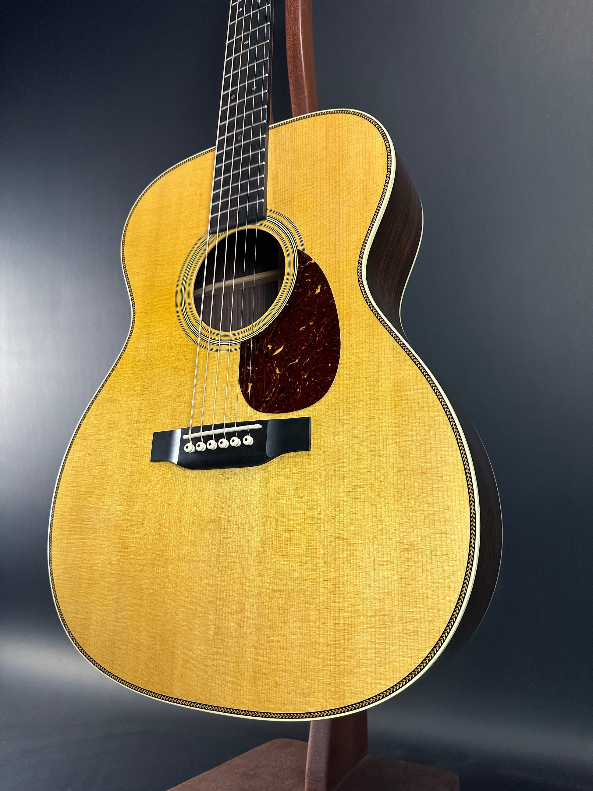 Front angle of Used Martin OM-28 Natural.