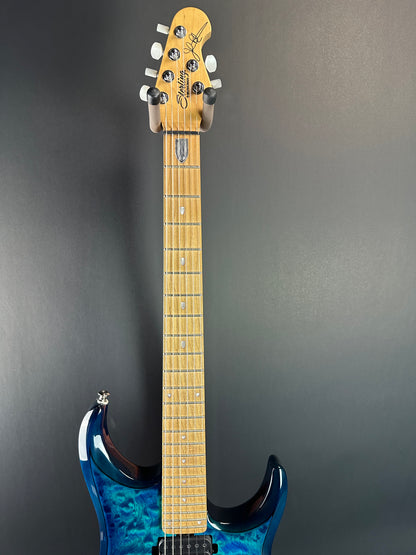 Fretboard of Used Sterling by MusicMan John Petrucci Quilt Top Trans Blue.