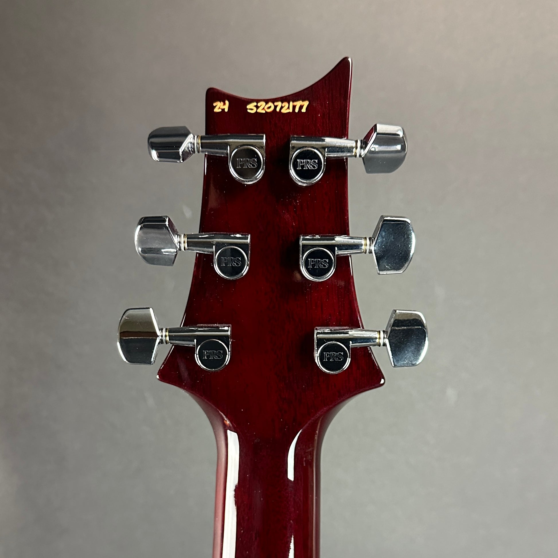 Back of headstock of Used PRS Paul Reed Smith S2 Custom 24 Fire Red Burst.