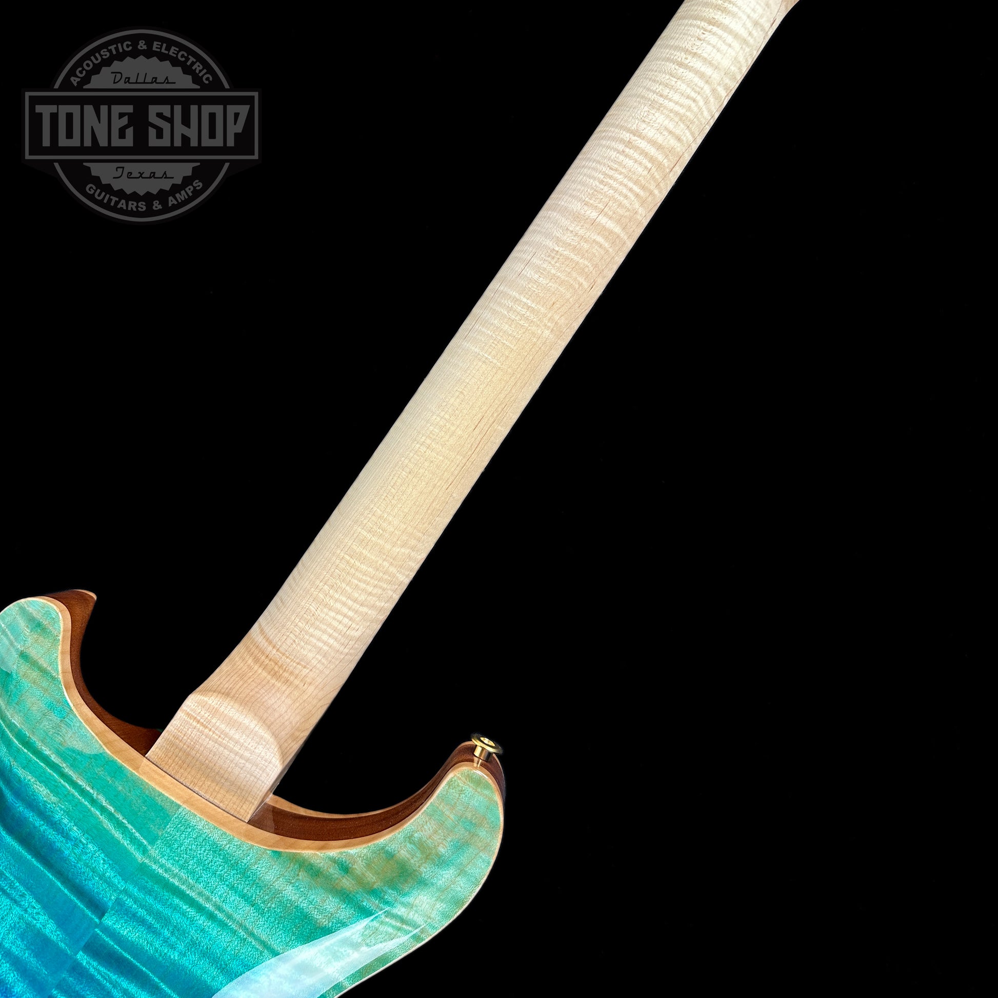 Back of neck of PRS Wood Library Hollowbody II Piezo 10-top Blue Fade Maple Neck.