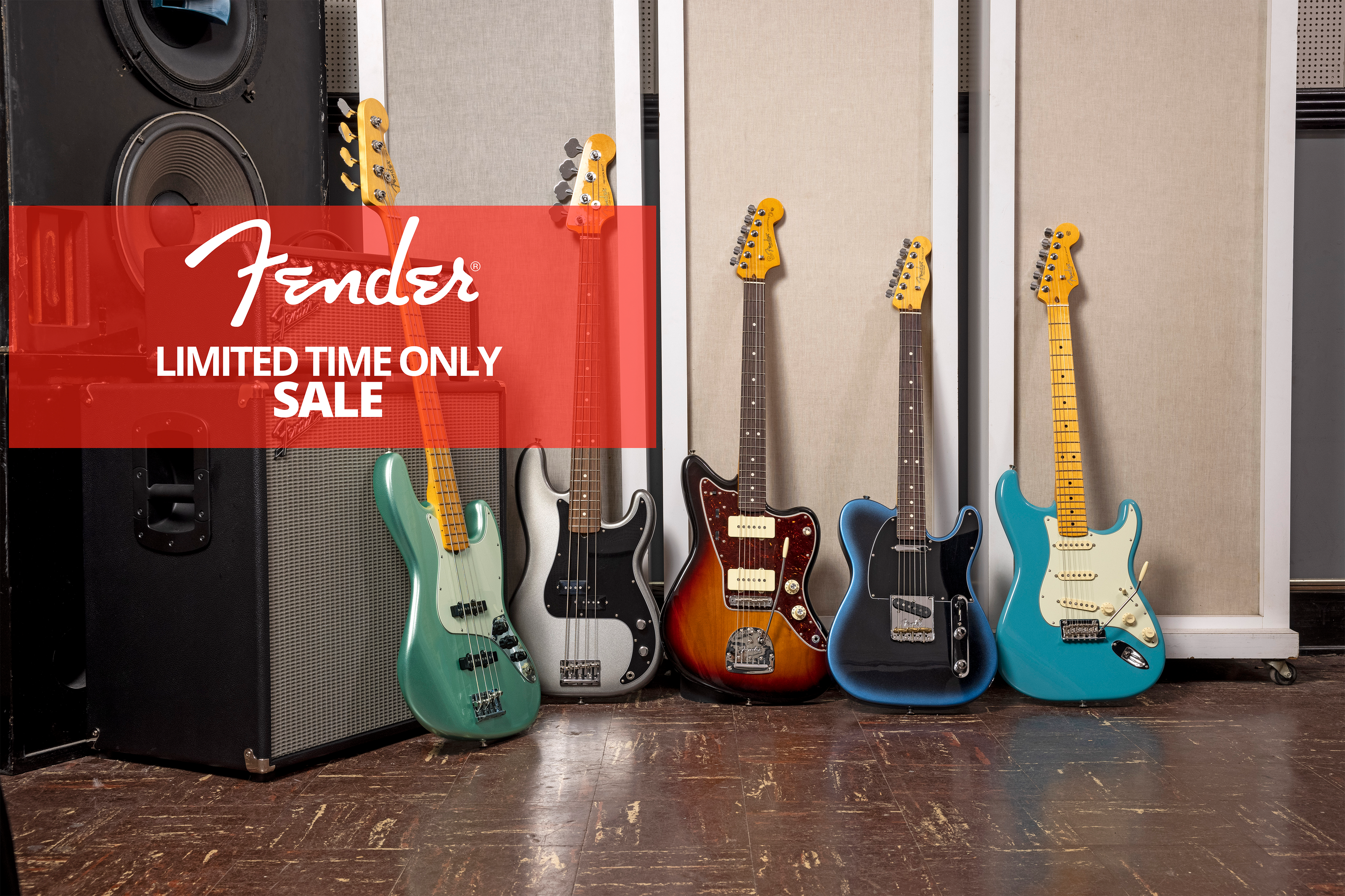 Multiple Fender guitars with Limited time only sale text