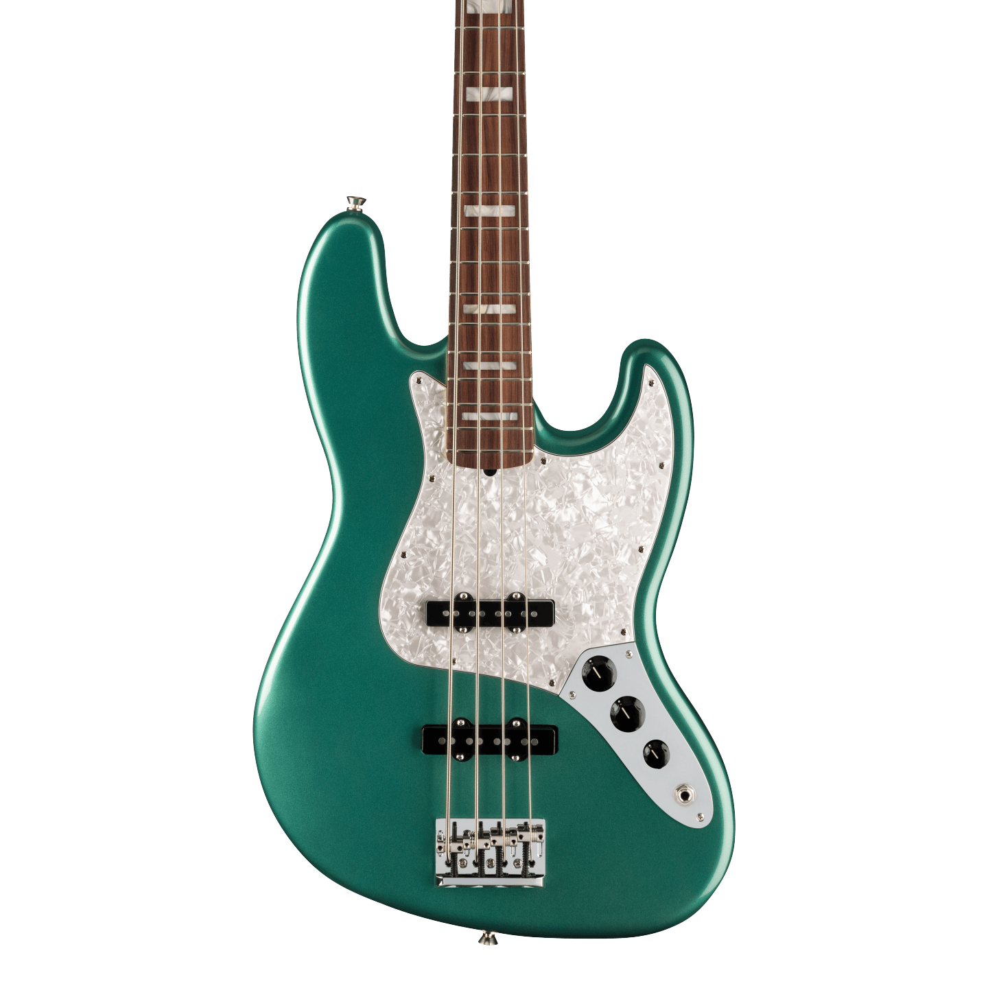 Front of Fender Adam Clayton Jazz Bass Rosewood Fingerboard Sherwood Green Metallic.