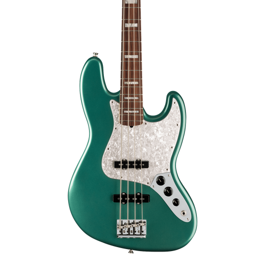 Front of Fender Adam Clayton Jazz Bass Rosewood Fingerboard Sherwood Green Metallic.