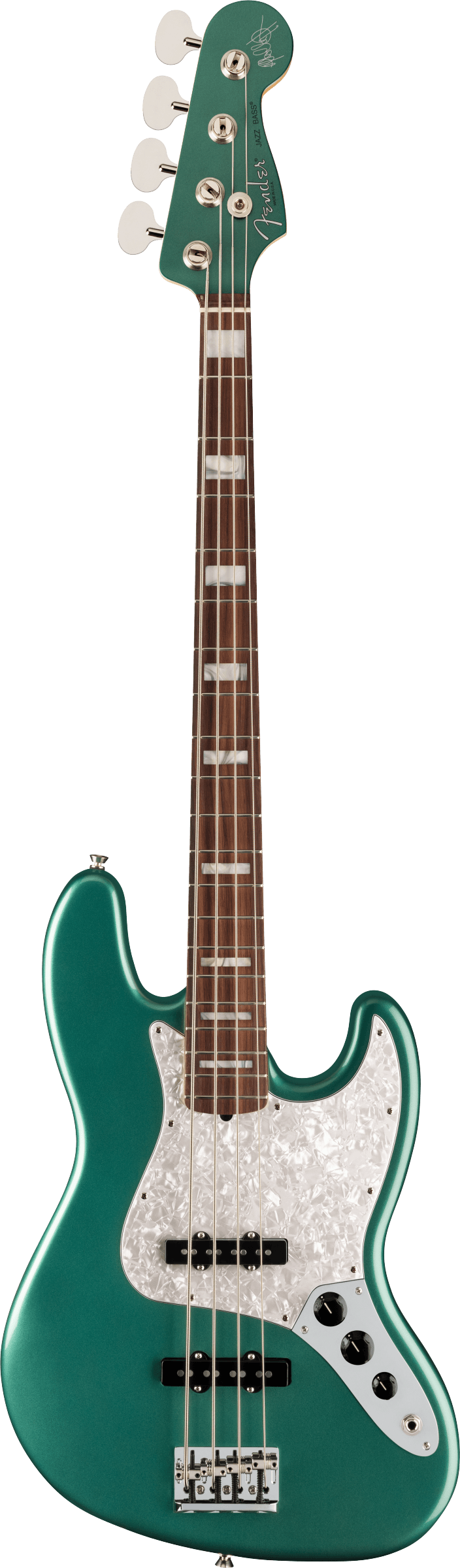 Full frontal of Fender Adam Clayton Jazz Bass Rosewood Fingerboard Sherwood Green Metallic.