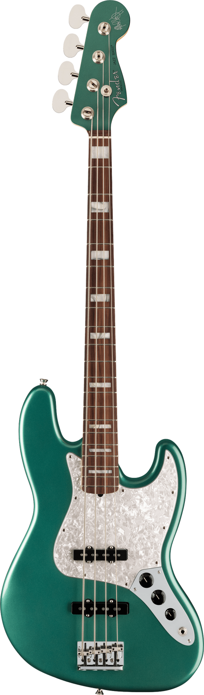 Full frontal of Fender Adam Clayton Jazz Bass Rosewood Fingerboard Sherwood Green Metallic.