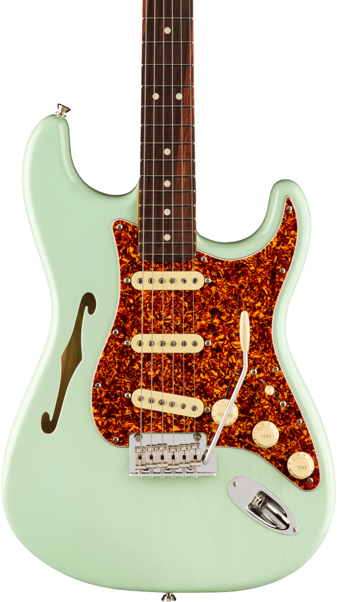 Front of Fender American Professional II Stratocaster Thinline RW Transparent Surf Green.