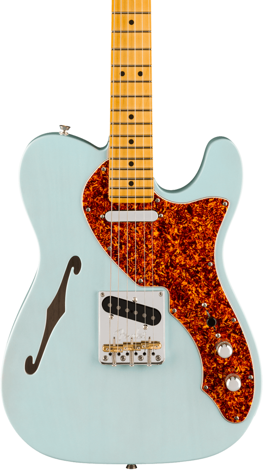 Front of Fender American Professional II Telecaster Thinline MP Transparent Daphne Blue.