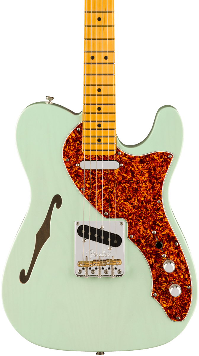 Front of Fender American Professional II Telecaster Thinline MP Transparent Surf Green.