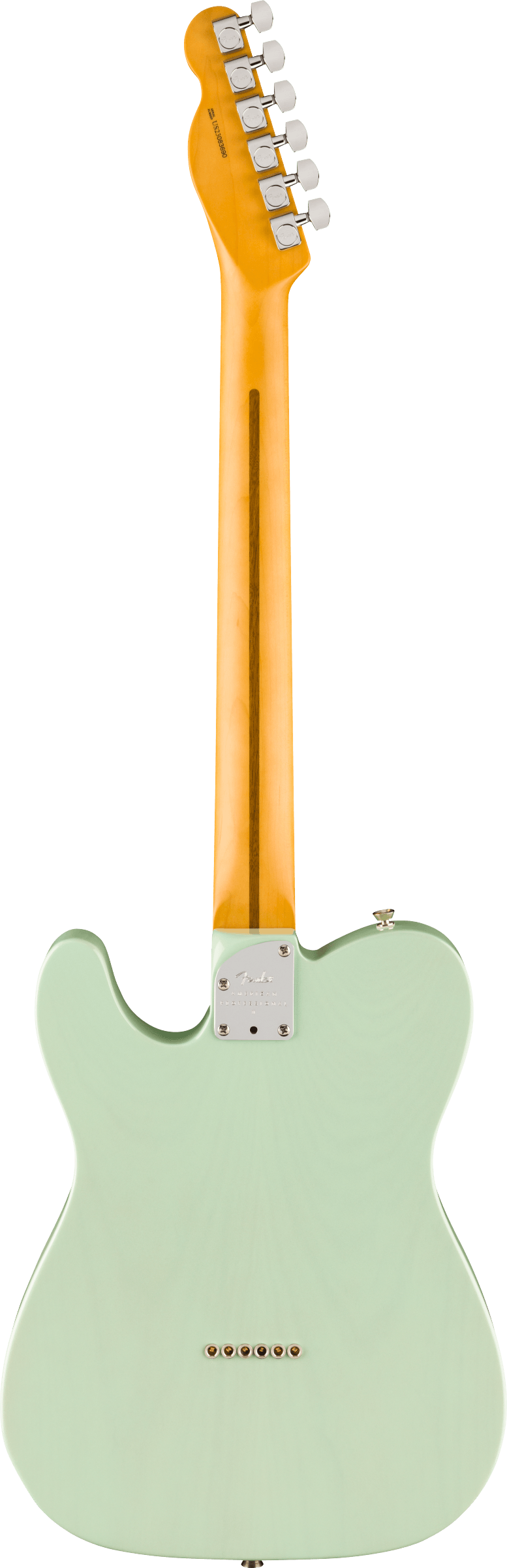 Back of Fender American Professional II Telecaster Thinline MP Transparent Surf Green.