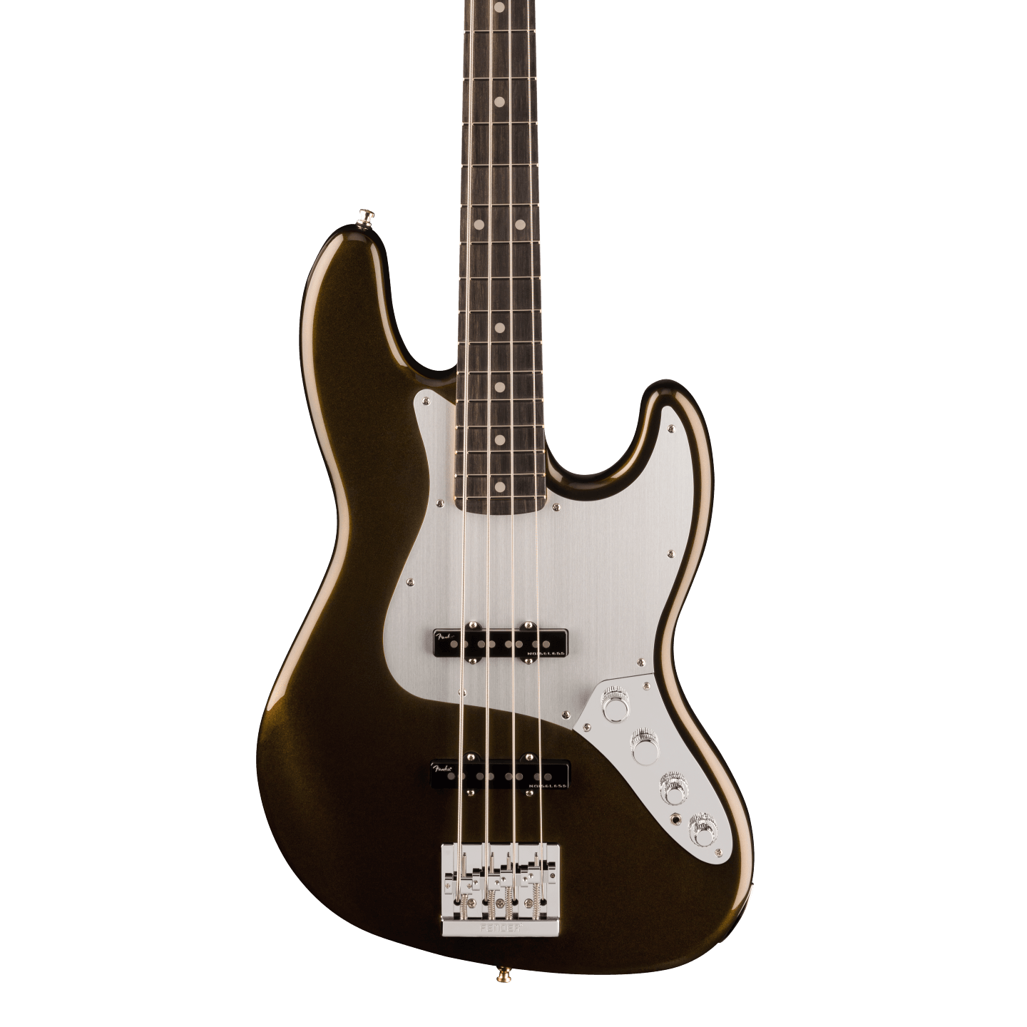 Front of Fender American Ultra II Jazz Bass Texas Tea Ebony.