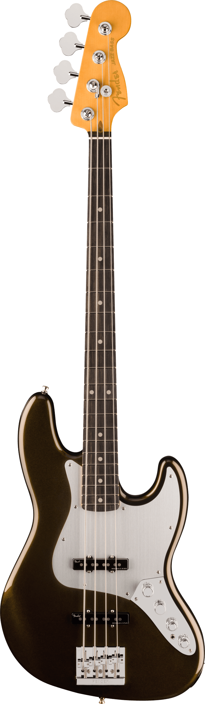 Full frontal of Fender American Ultra II Jazz Bass Texas Tea Ebony.