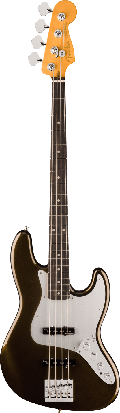 Full frontal of Fender American Ultra II Jazz Bass Texas Tea Ebony.