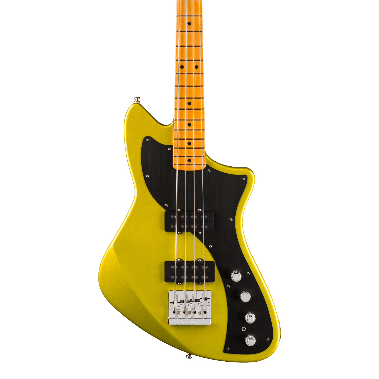 Front of Fender American Ultra II Meteora Bass Solar Flare Maple.