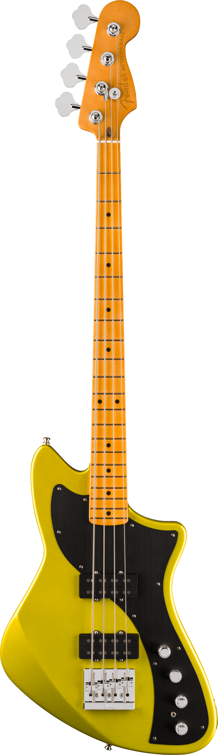 Full frontal of Fender American Ultra II Meteora Bass Solar Flare Maple.