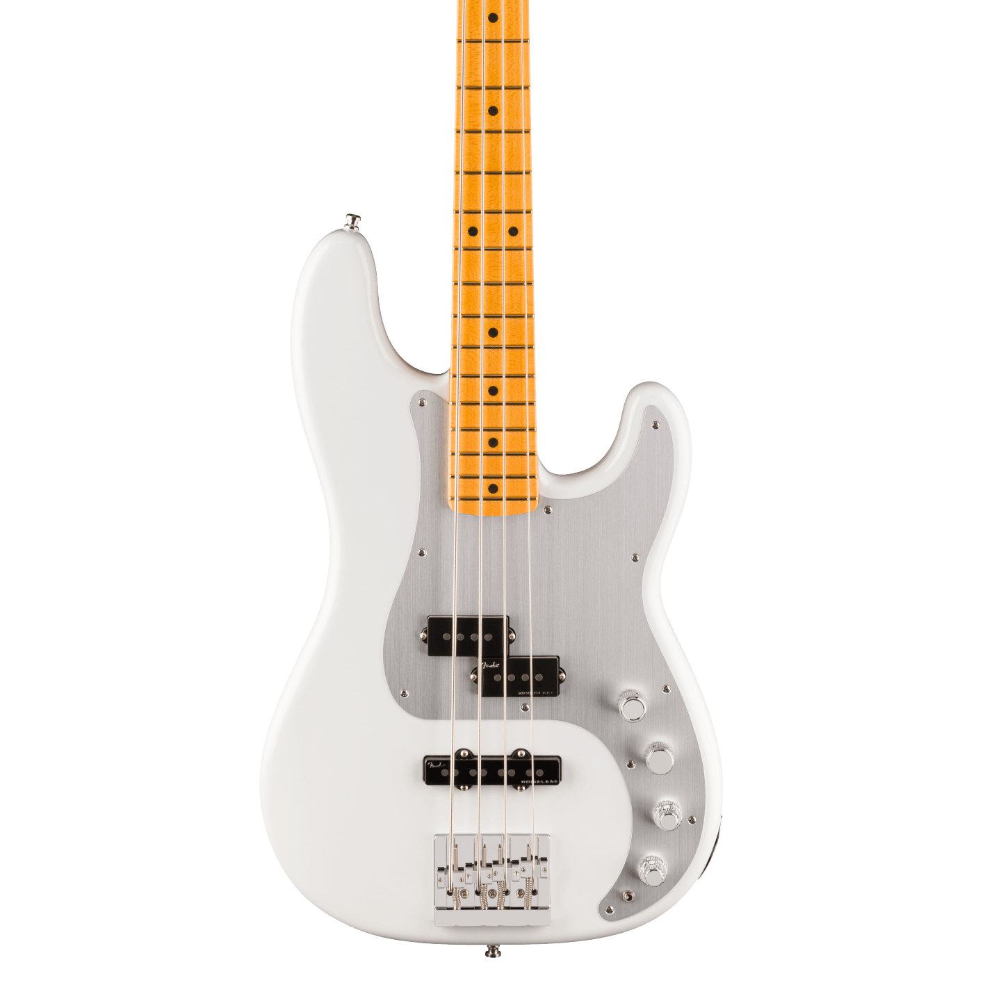 Front of Fender American Ultra II Precision Bass Avalanche Maple.