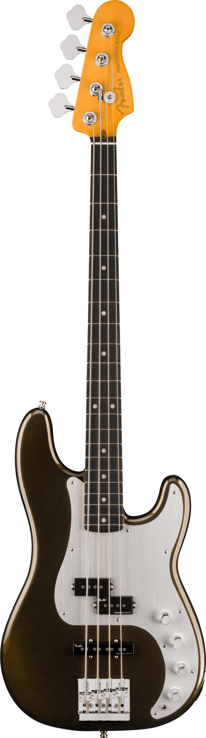 Full frontal of Fender American Ultra II Precision Bass Ebony Fingerboard Texas Tea.