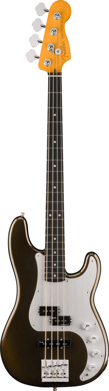 Full frontal of Fender American Ultra II Precision Bass Ebony Fingerboard Texas Tea.