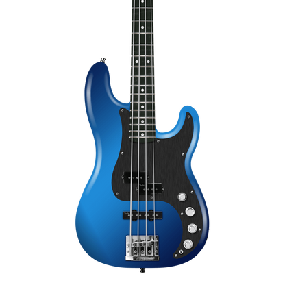 Front of Fender American Ultra II Precision Bass Noble Blue Ebony.