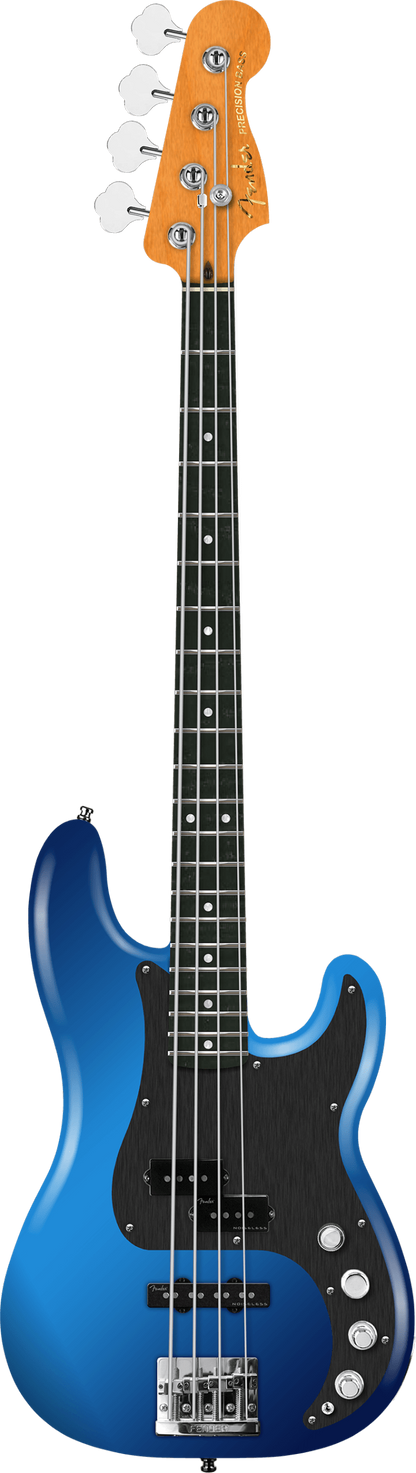 Full frontal of Fender American Ultra II Precision Bass Noble Blue Ebony.