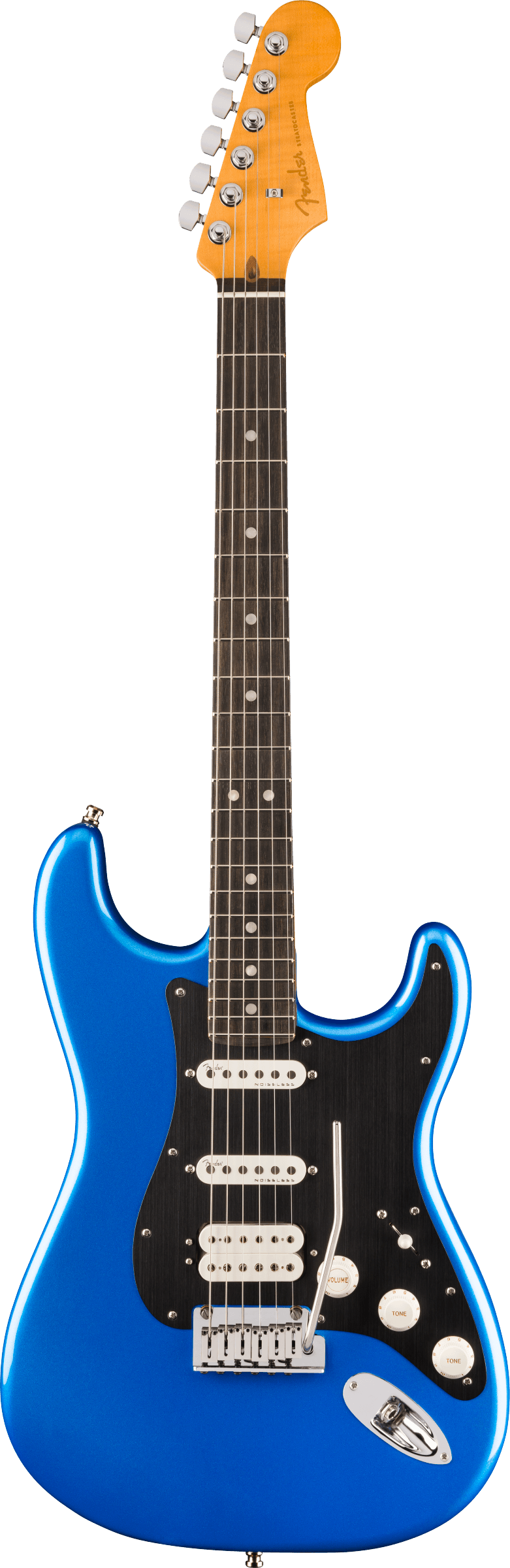 Full frontal of Fender American Ultra II Stratocaster HSS Noble Blue Ebony.