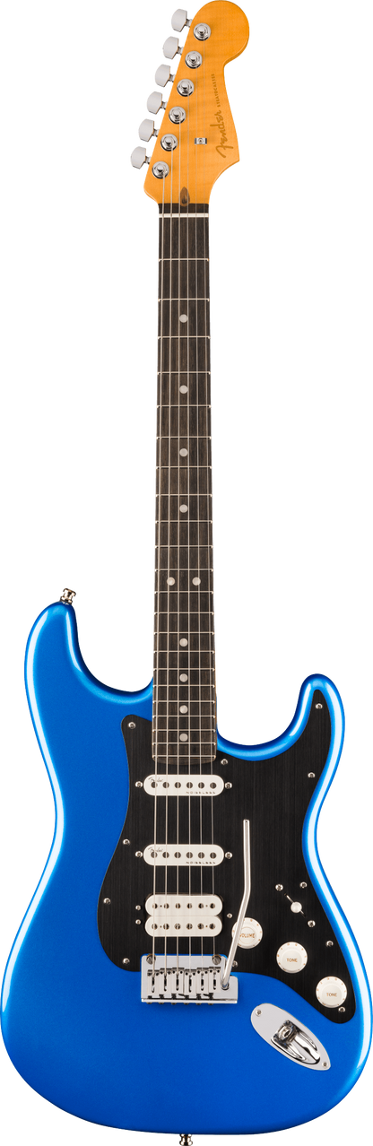 Full frontal of Fender American Ultra II Stratocaster HSS Noble Blue Ebony.