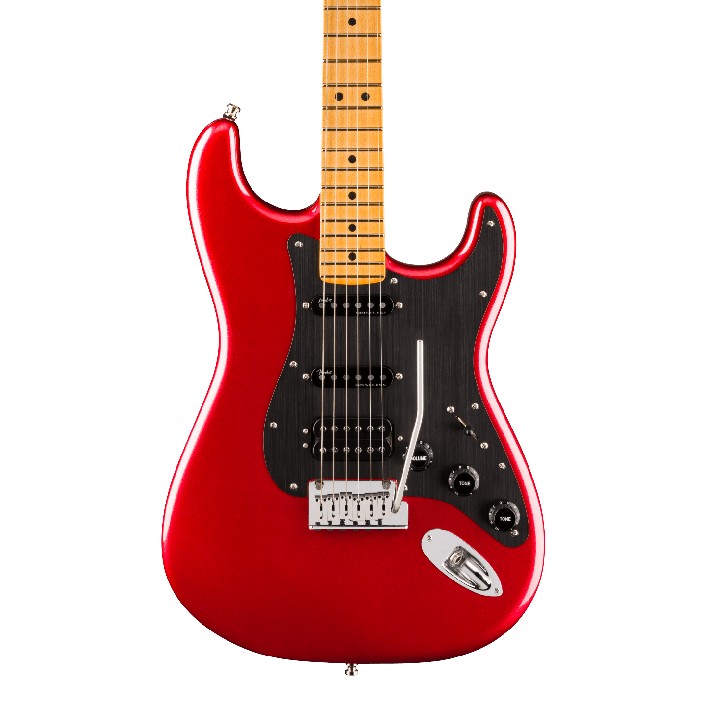 Front of Fender American Ultra II Stratocaster HSS Sinister Red Maple.