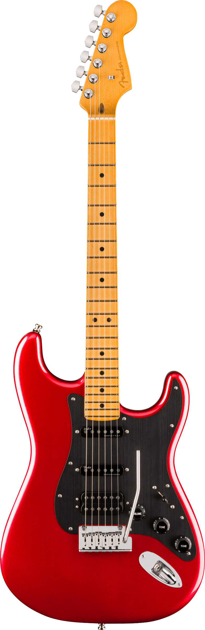 Full frontal of Fender American Ultra II Stratocaster HSS Sinister Red Maple.
