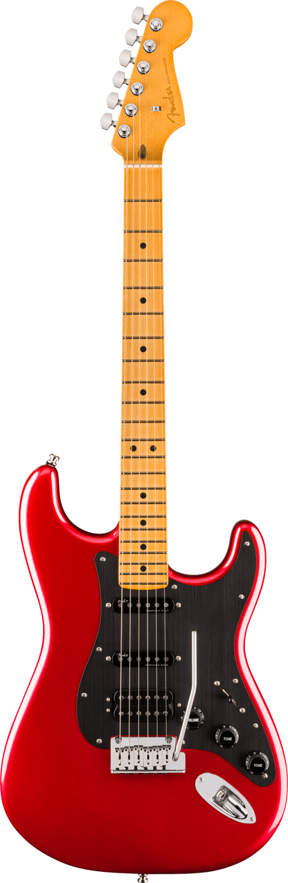 Full frontal of Fender American Ultra II Stratocaster HSS Sinister Red Maple.
