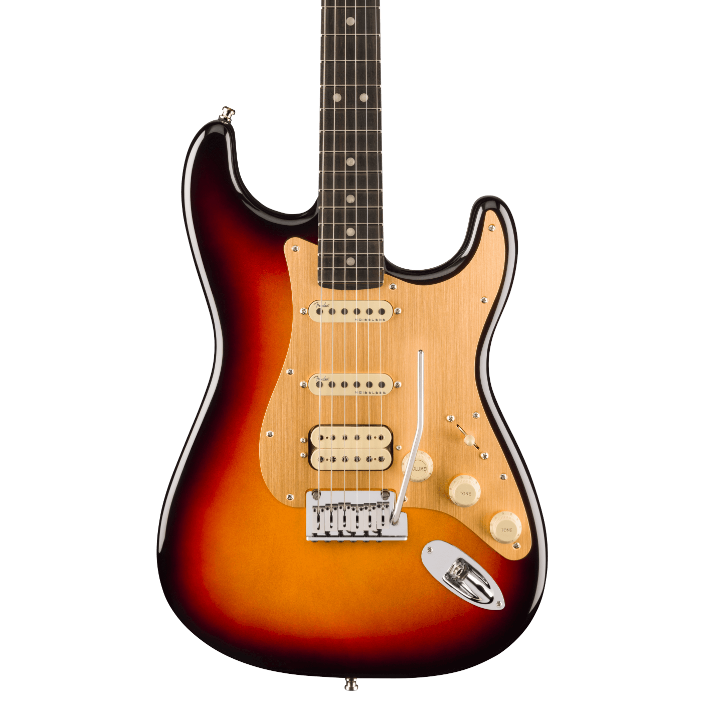 Front of Fender American Ultra II Stratocaster HSS Ultraburst Ebony.