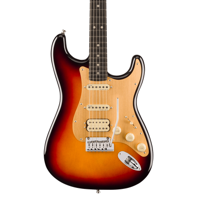 Front of Fender American Ultra II Stratocaster HSS Ultraburst Ebony.