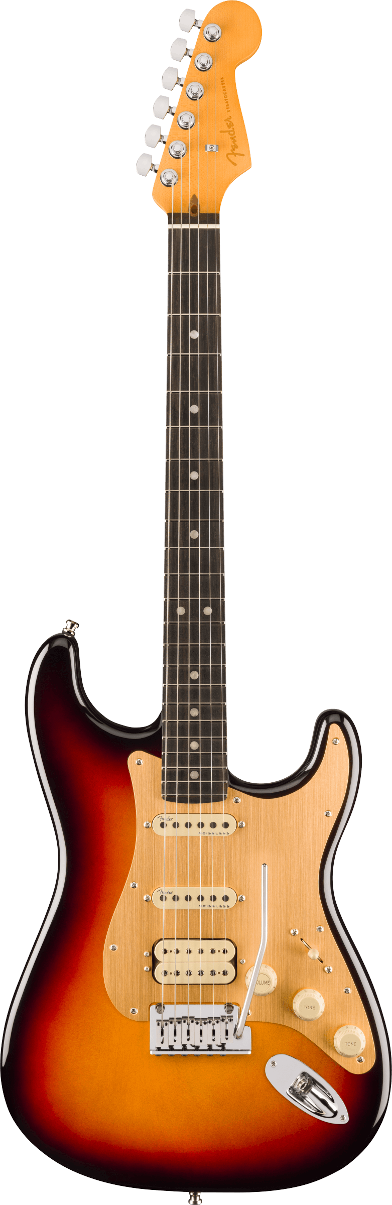 Full frontal of Fender American Ultra II Stratocaster HSS Ultraburst Ebony.