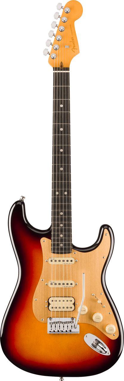 Full frontal of Fender American Ultra II Stratocaster HSS Ultraburst Ebony.