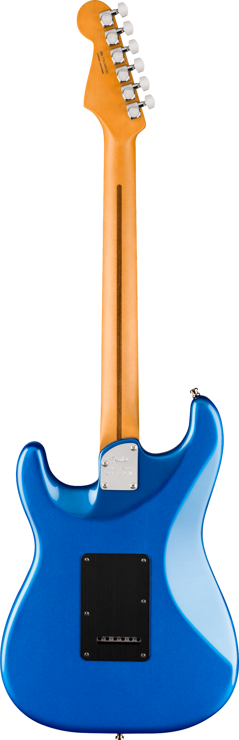 Back of Fender American Ultra II Stratocaster Noble Blue Ebony.