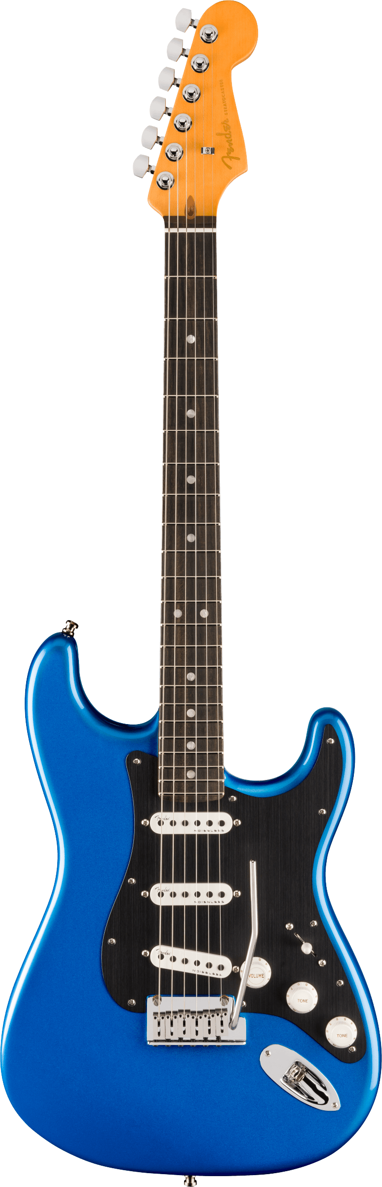 Full frontal of Fender American Ultra II Stratocaster Noble Blue Ebony.