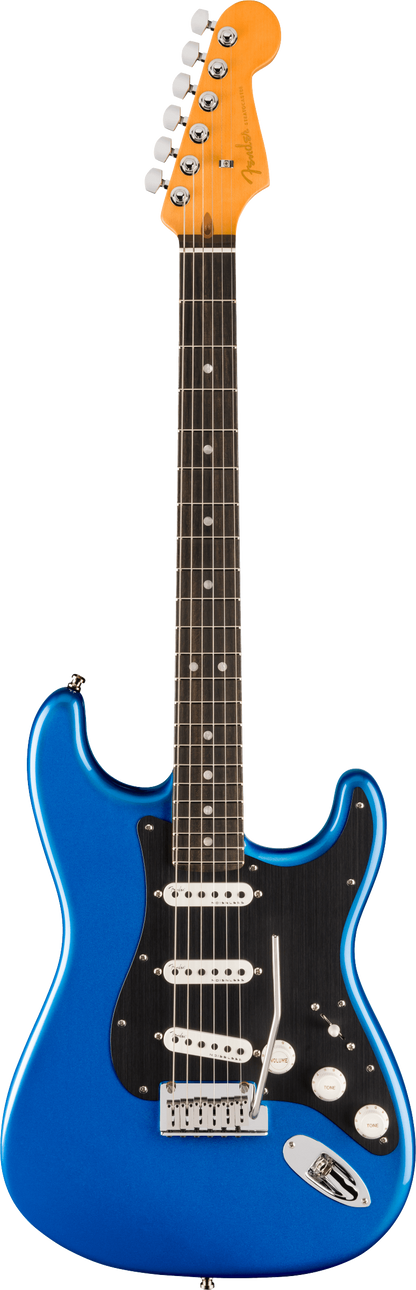 Full frontal of Fender American Ultra II Stratocaster Noble Blue Ebony.