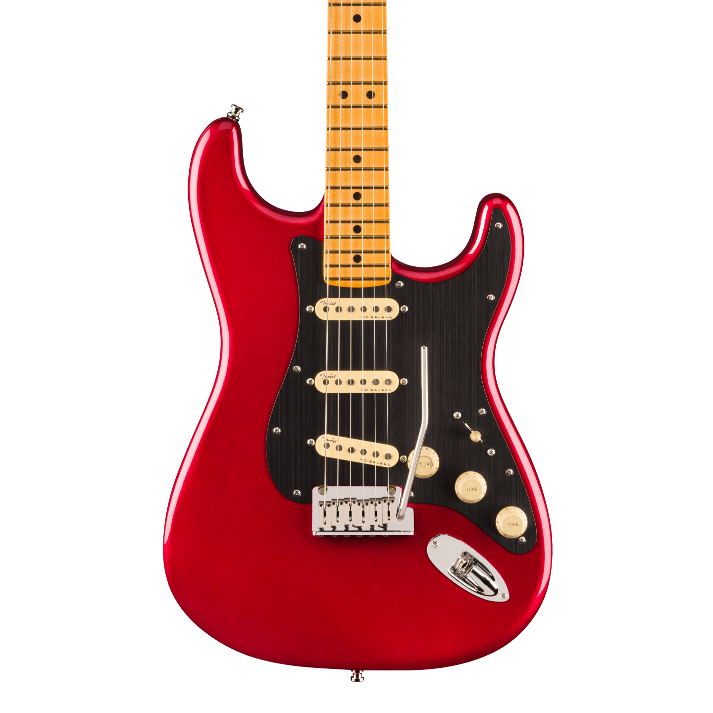 Front of Fender American Ultra II Stratocaster Sinister Red Maple.