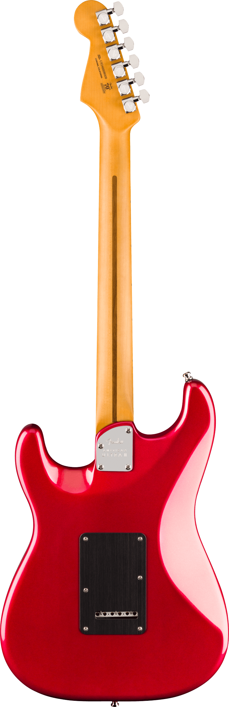 Back of Fender American Ultra II Stratocaster Sinister Red Maple.