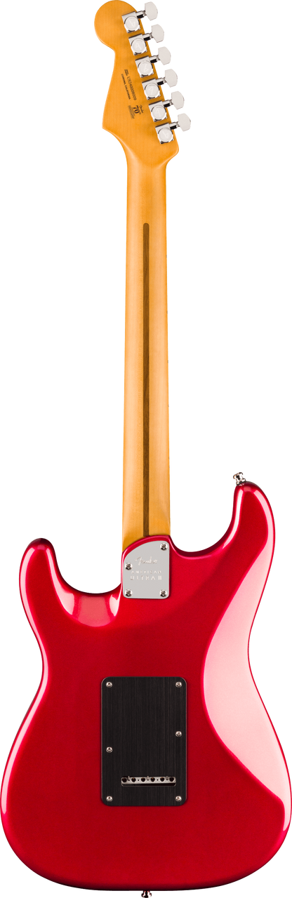 Back of Fender American Ultra II Stratocaster Sinister Red Maple.