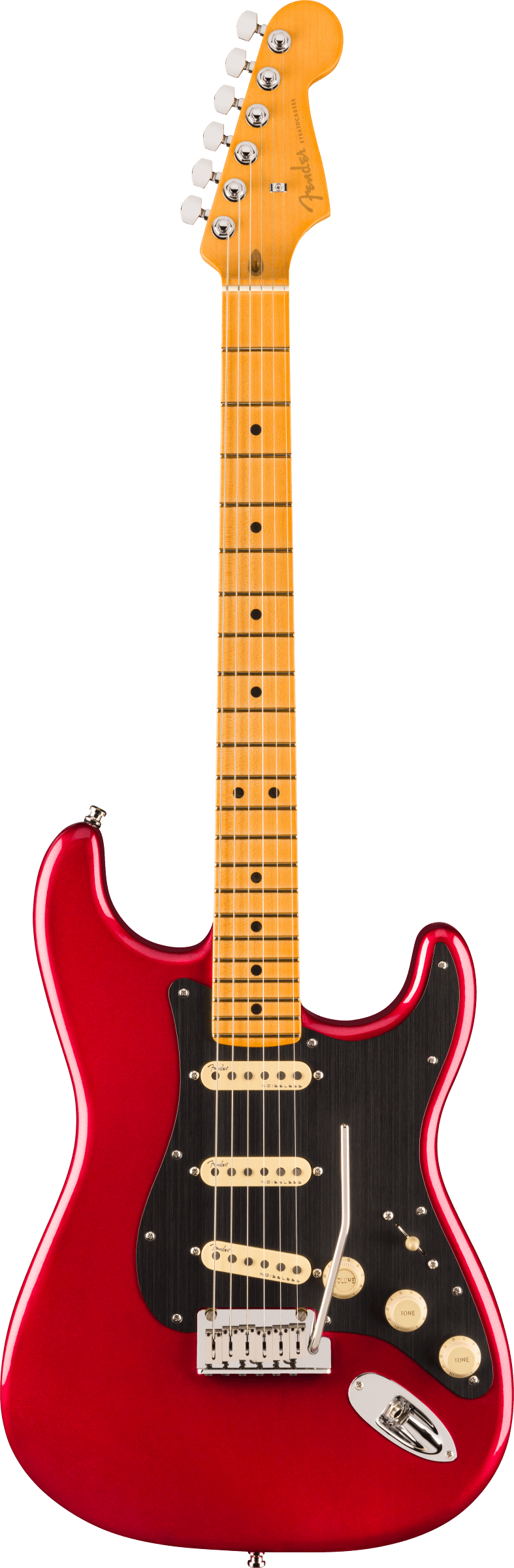 Full frontal of Fender American Ultra II Stratocaster Sinister Red Maple.