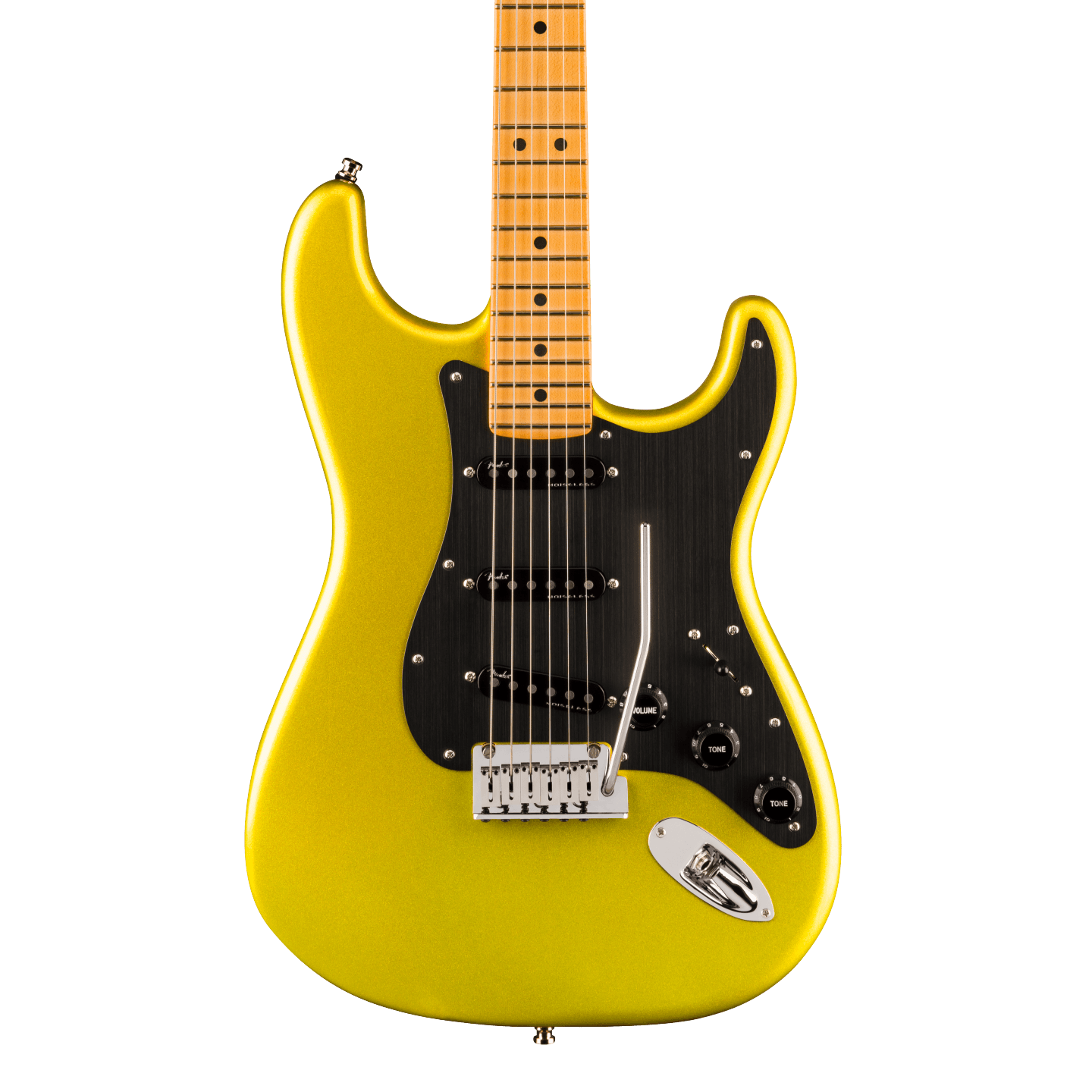 Front of Fender American Ultra II Stratocaster Solar Flare Maple.