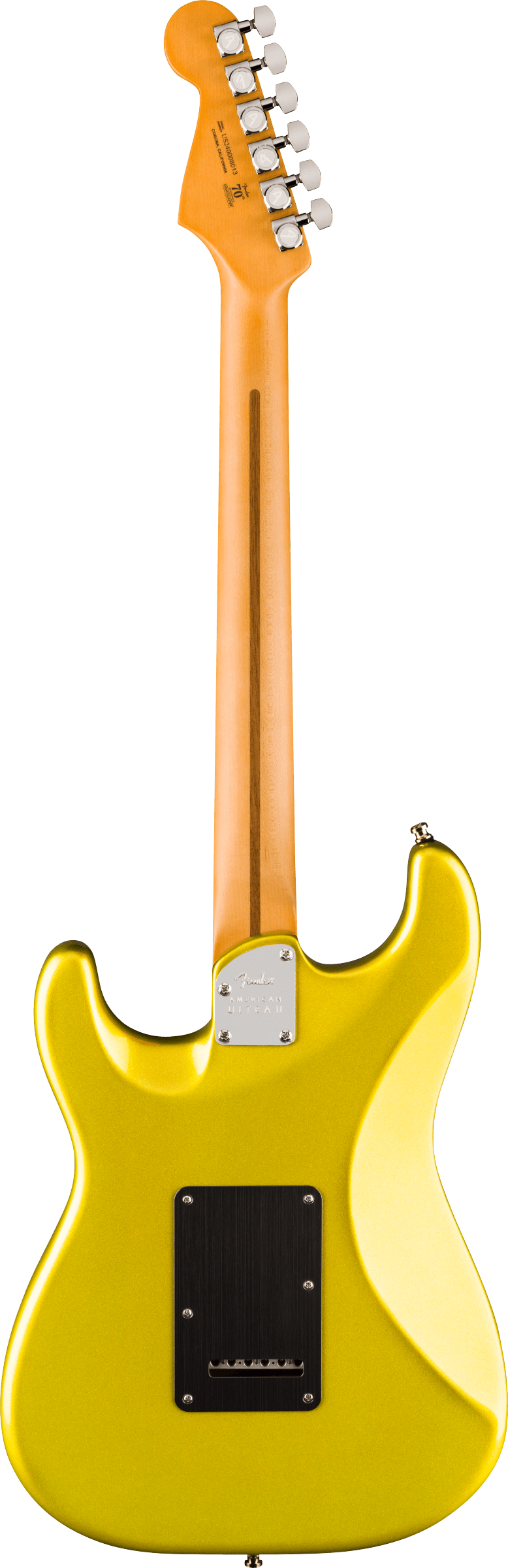 Back of Fender American Ultra II Stratocaster Solar Flare Maple.