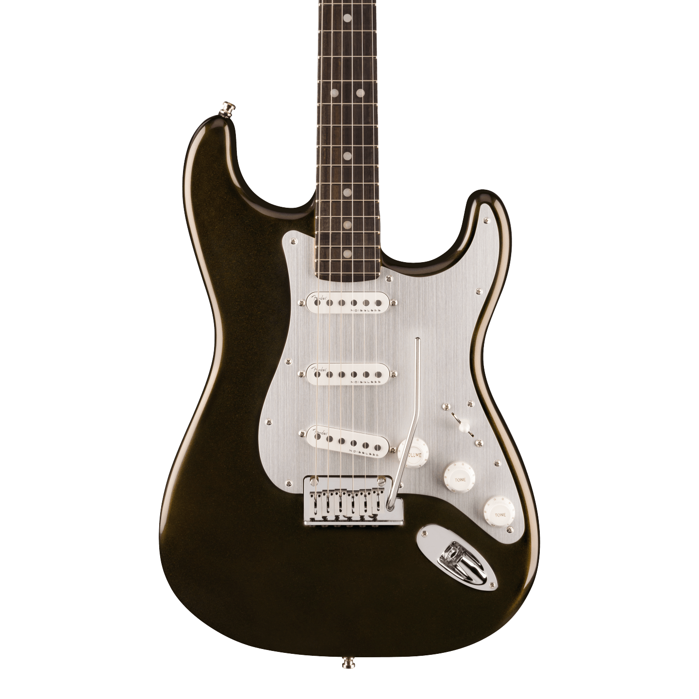 Front of Fender American Ultra II Stratocaster Texas Tea Ebony.